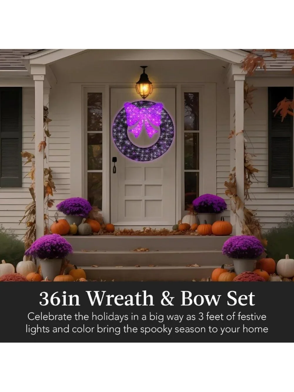 36in Pre-Lit Outdoor Halloween Wreath - LED Metal Holiday Decor, 120 Lights, Bow